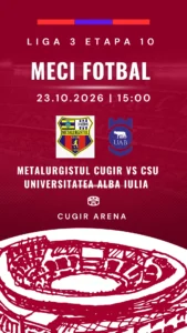Metalurgistul Cugir întâlnește vineri, de la ora 15:00, CS Universitatea Alba Iulia, în etapa 10 a Ligii 3