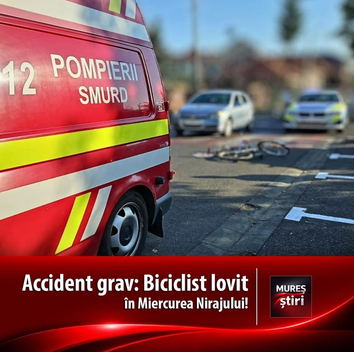 Miercurea Nirajului: un biciclist a fost lovit de un autovehicul și urmează să fie transportat la Târgu Mureș