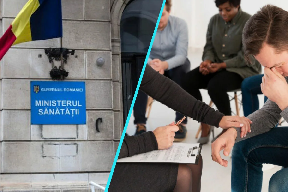 Colaj: în stânga placa „Ministerul Sănătății” de pe clădire, cu drapelul României, iar în dreapta o ședință de terapie de grup, în care un om își acoperă fața ș