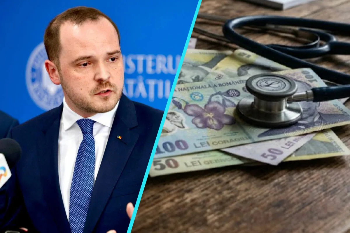 Colaj: în stânga un bărbat în costum la microfoane, în fața unui panou albastru cu inscripția parțială „Ministerul Sănătății”, iar în dreapta un stetoscop pe ba