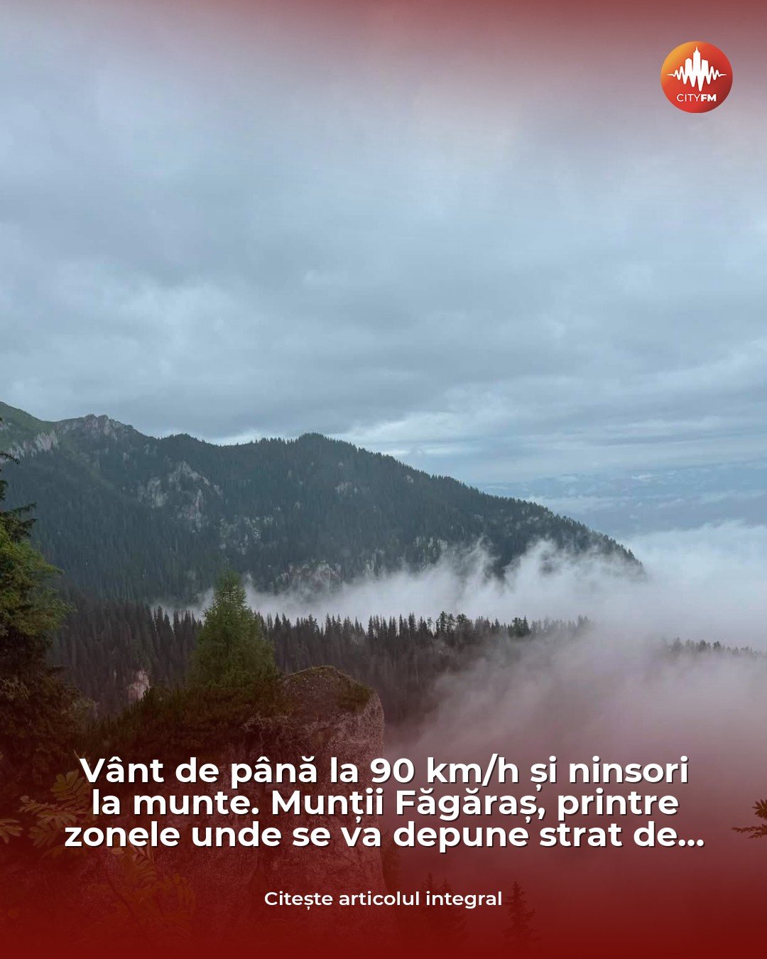 Munții Făgăraș și Bucegi: ninsori și vânt de până la 90 km/h, cu strat de zăpadă de 10–20 de centimetri
