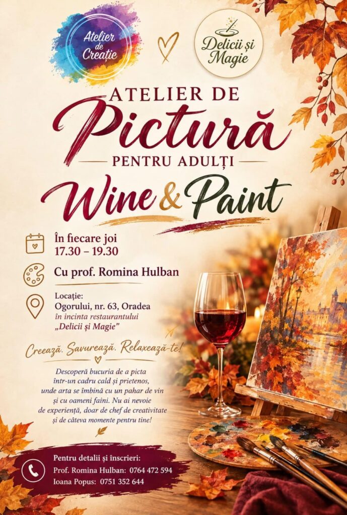 Oradea: atelier Wine & Paint pentru adulți, cu pictură și un pahar de vin, în fiecare joi