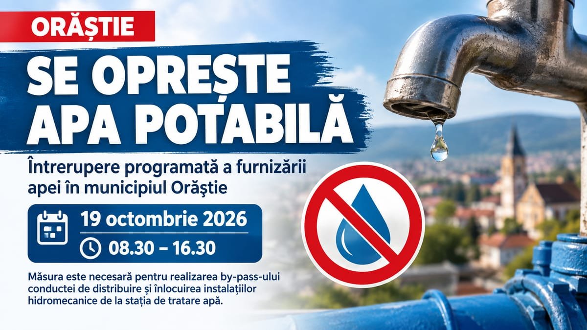 Orăștie: fără apă potabilă luni, 19 octombrie, între orele 08:30 și 16:30