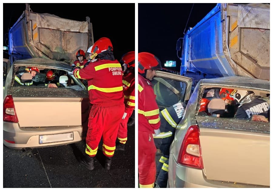 Pe A3, în Bihor, un bărbat a fost descarcerat după ce a lovit cu mașina o autobasculantă staționată