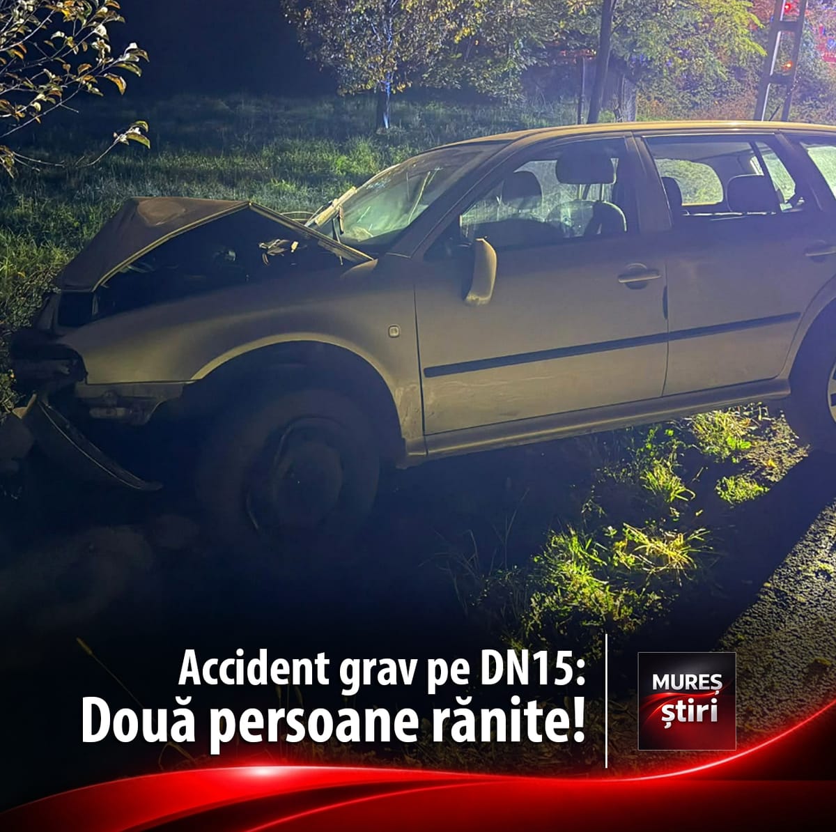 Pietriș, pe DN15: accident cu un singur autoturism, două persoane transportate la spital