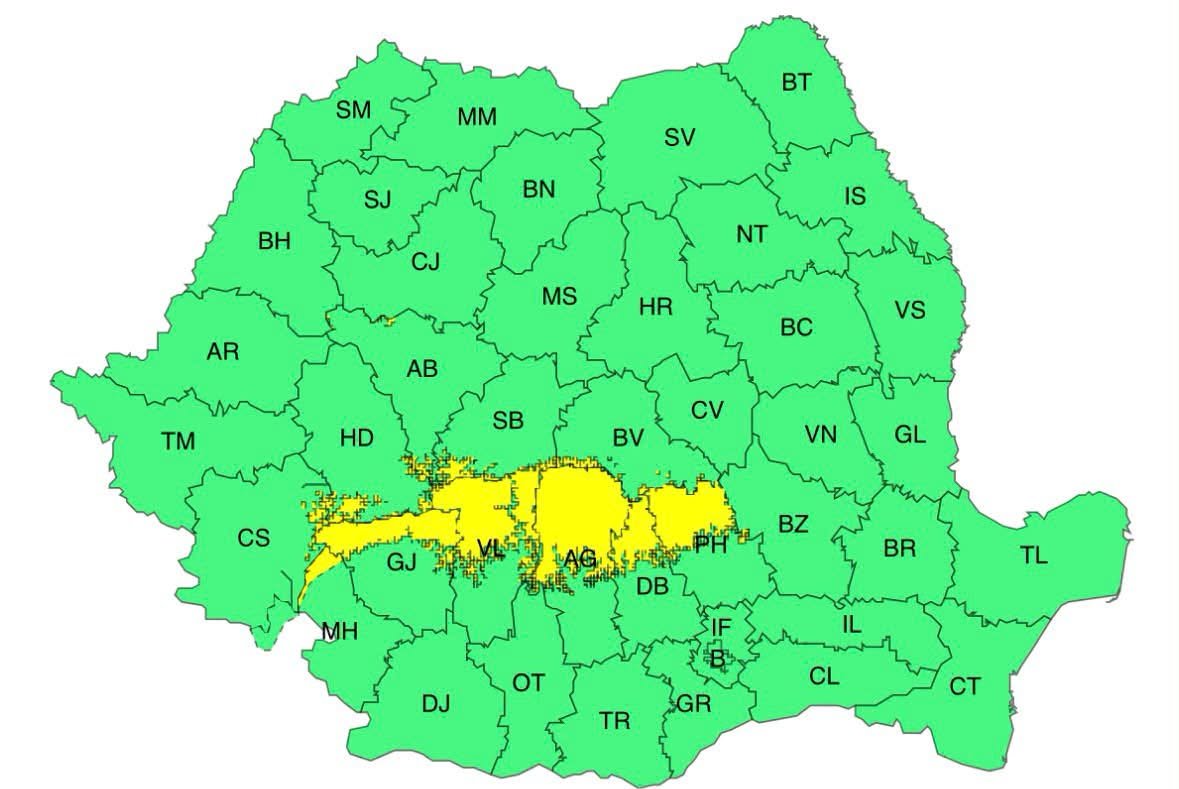 Ploi și ninsori în Gorj, Vâlcea, Argeș, Dâmbovița și Prahova, cu 15-25 cm zăpadă în Carpații Meridionali