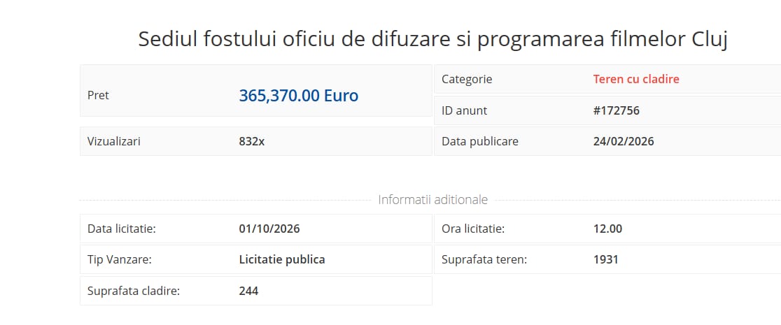 RomâniaFilm mai încearcă o dată să vândă fostul depozit de filme din Cluj: preț redus după opt licitații fără cumpărător