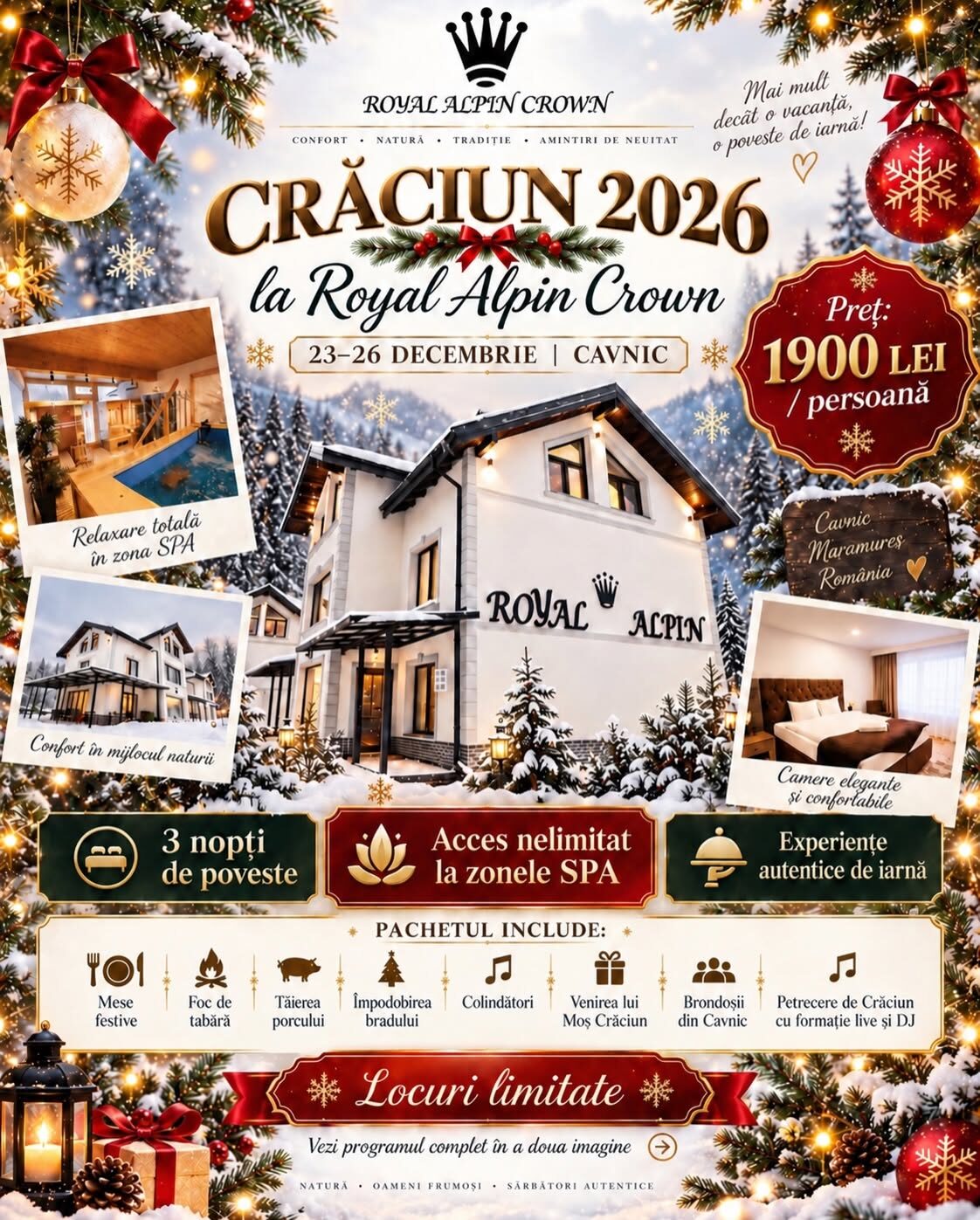 Royal Alpin Cavnic pregătește un pachet de Crăciun cu trei nopți de cazare, colindători, Moș Crăciun și SPA