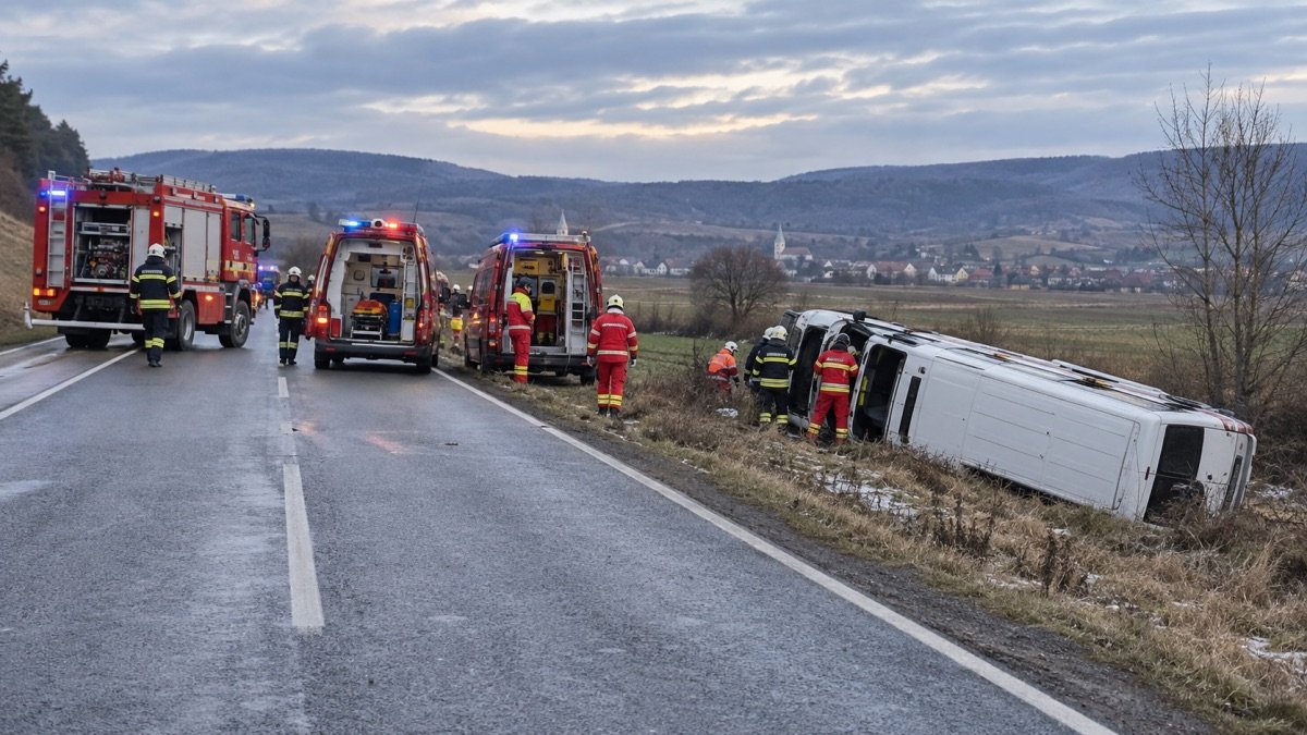 Ruși, Sibiu: microbuz cu șase persoane răsturnat pe DN 14, doi cetățeni străini la spital