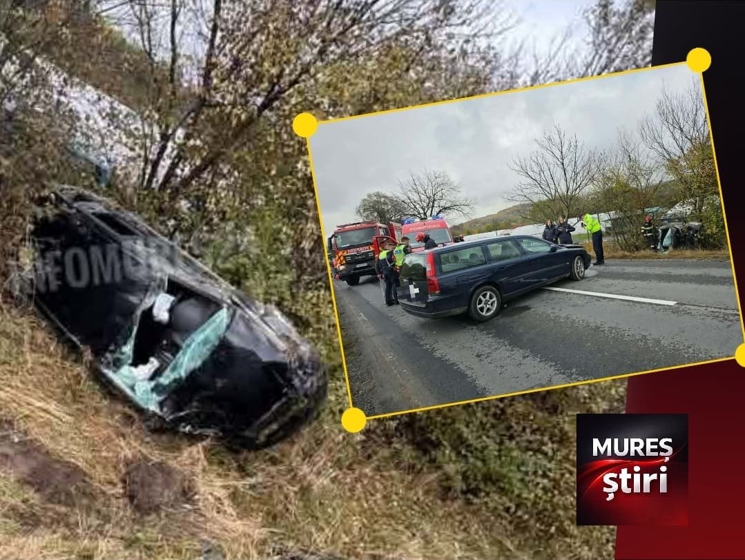 Sărățeni și Chibed: accident rutier grav, cinci persoane evaluate medical, una transportată la UPU Târgu Mureș