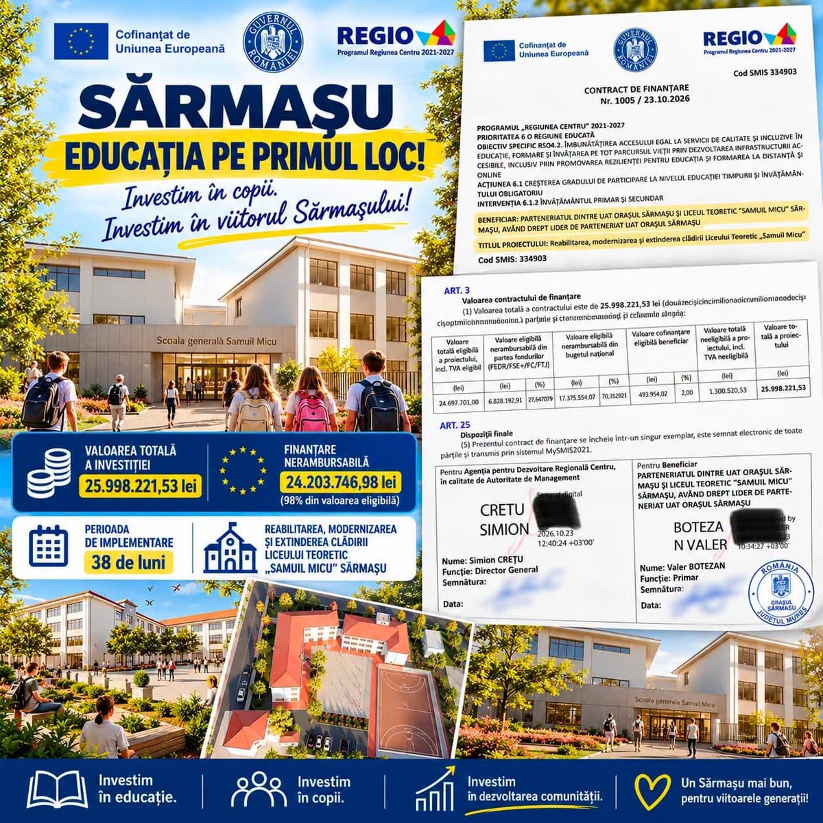 Sărmașu obține 25,9 milioane de lei pentru modernizarea Liceului Teoretic „Samuil Micu
