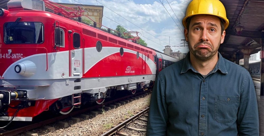 Locomotivă electrică CFR roșu cu gri într-o gară, iar în dreapta un bărbat cu cască galbenă de protecție și față abătută, într-un colaj ilustrativ.