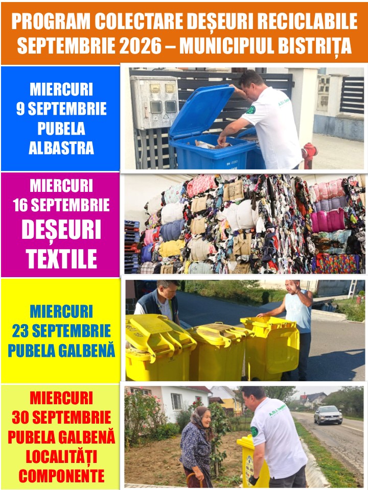 Se schimbă programul de colectare a deșeurilor reciclabile în Bistrița, în luna septembrie. Când se scot pubelele