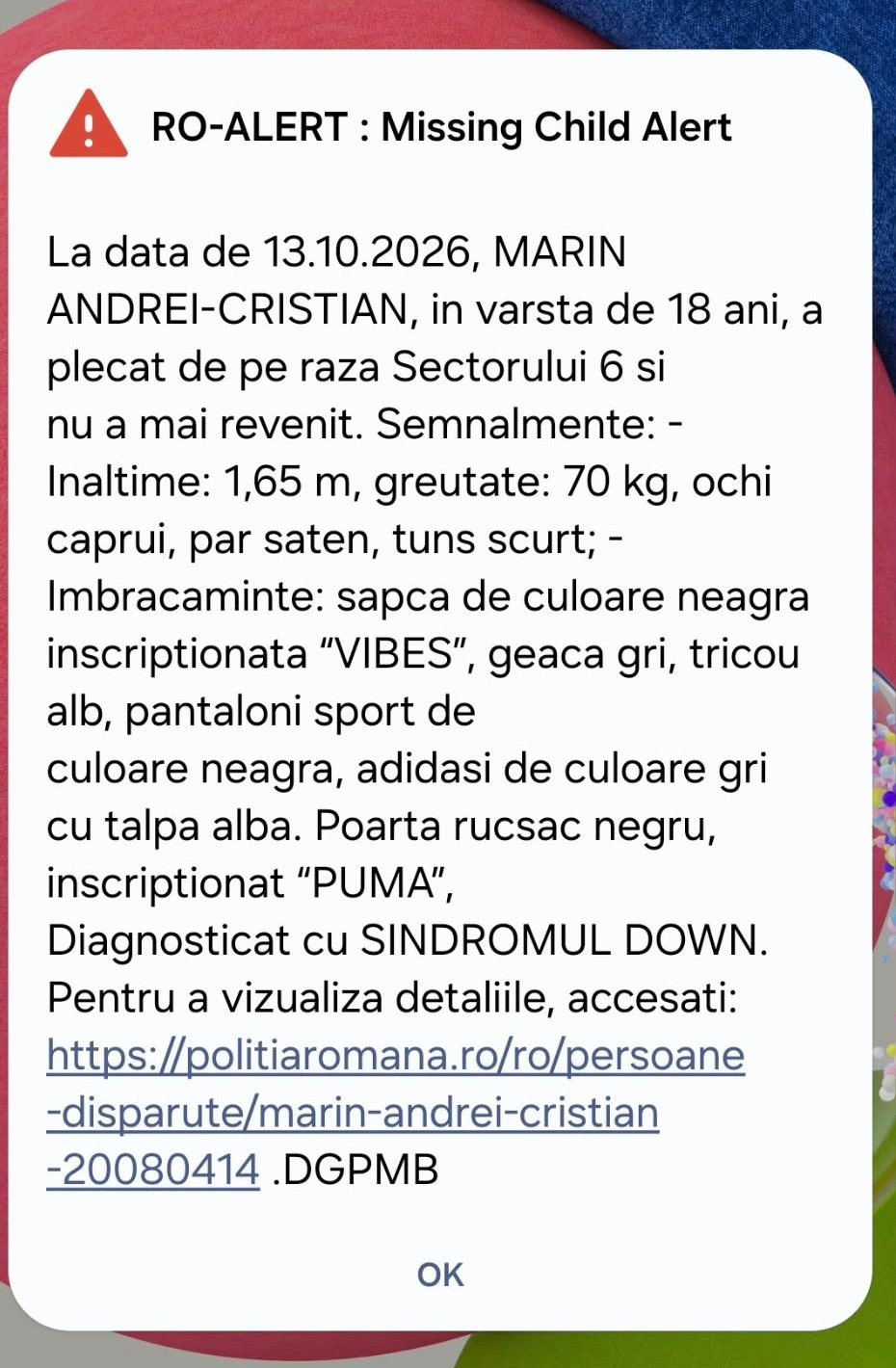 Sectorul 6: un băiat de 18 ani cu sindrom Down a dispărut marți, 13 octombrie
