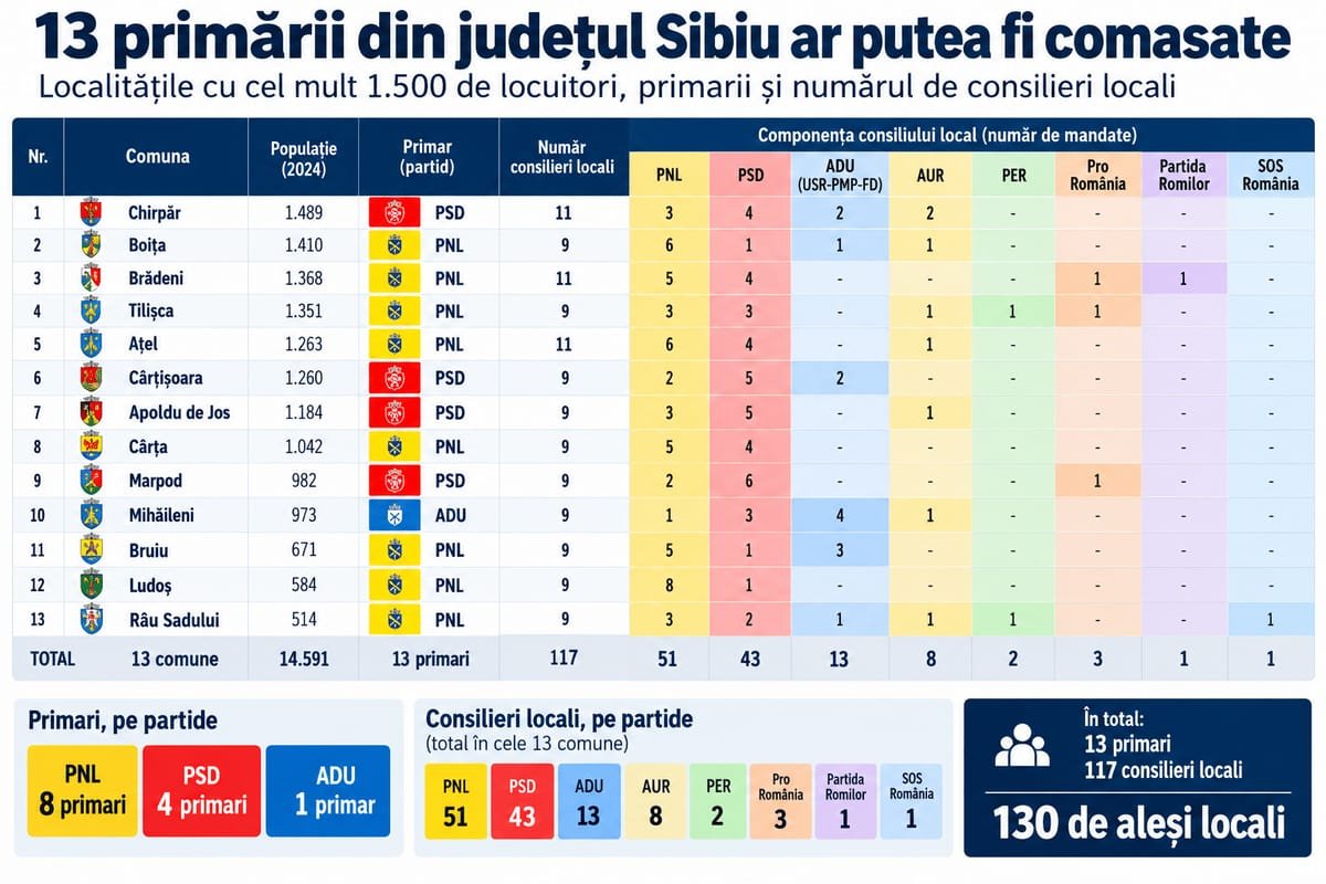 Sibiu: 13 primării ar putea dispărea în urma reformei administrativ-teritoriale susținute de PSD