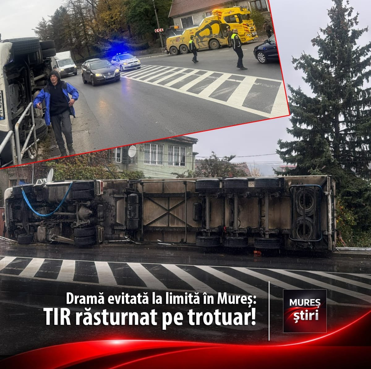 Sighișoara: un TIR s-a răsturnat pe trotuar, în timpul nopții, fără victime