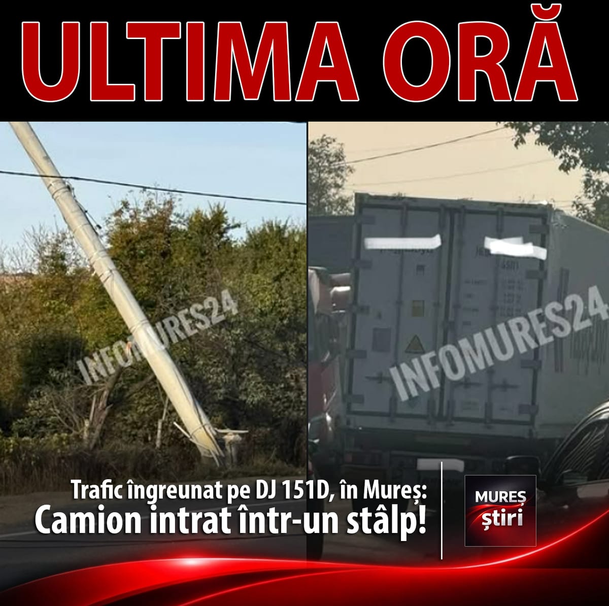 Stejeriș (Acățari): camion lovit într-un stâlp de electricitate, circulație îngreunată pe DJ 151D