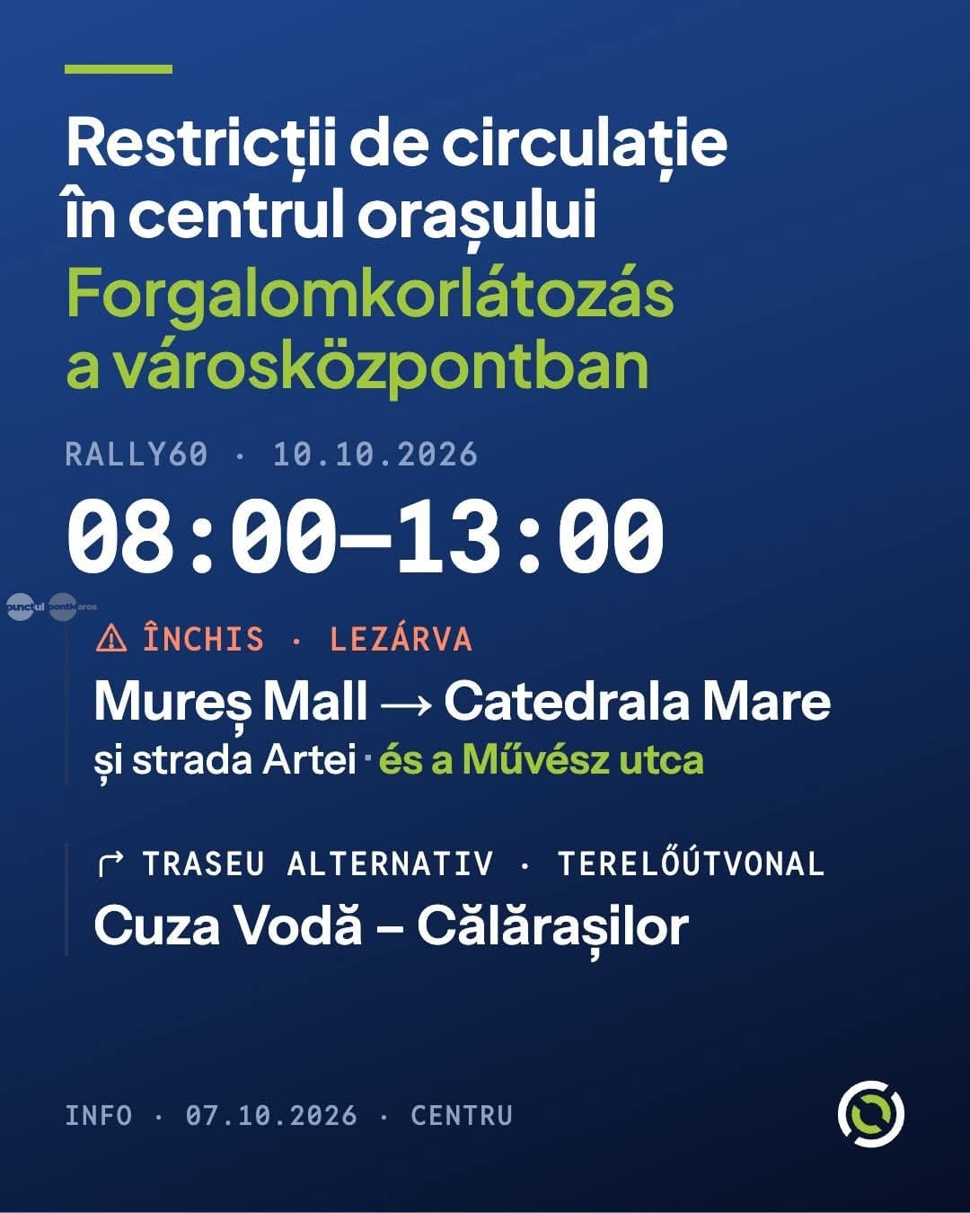 Târgu Mureș va avea restricții de circulație sâmbătă din cauza Rally 60