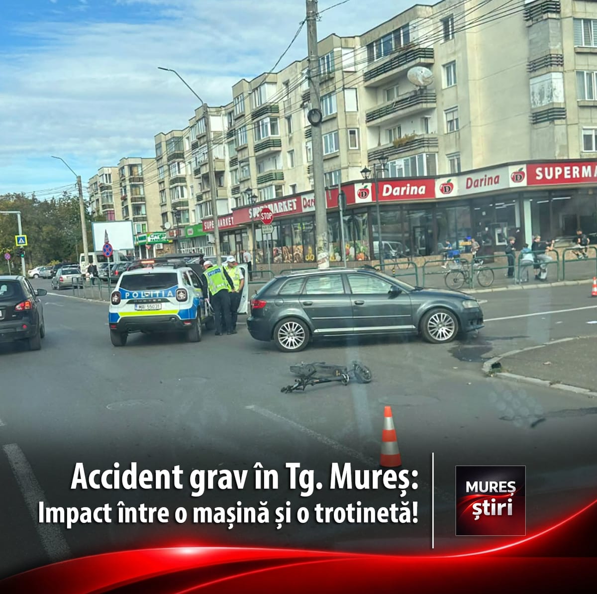 Târgu Mureș: accident între un autoturism și o trotinetă în cartierul Unirii, traficul îngreunat