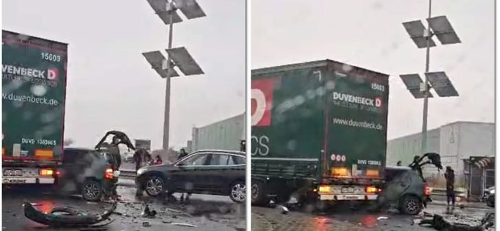 Timișoara: un camion și două mașini s-au izbit la un giratoriu, un șofer a rămas încarcerat. VIDEO
