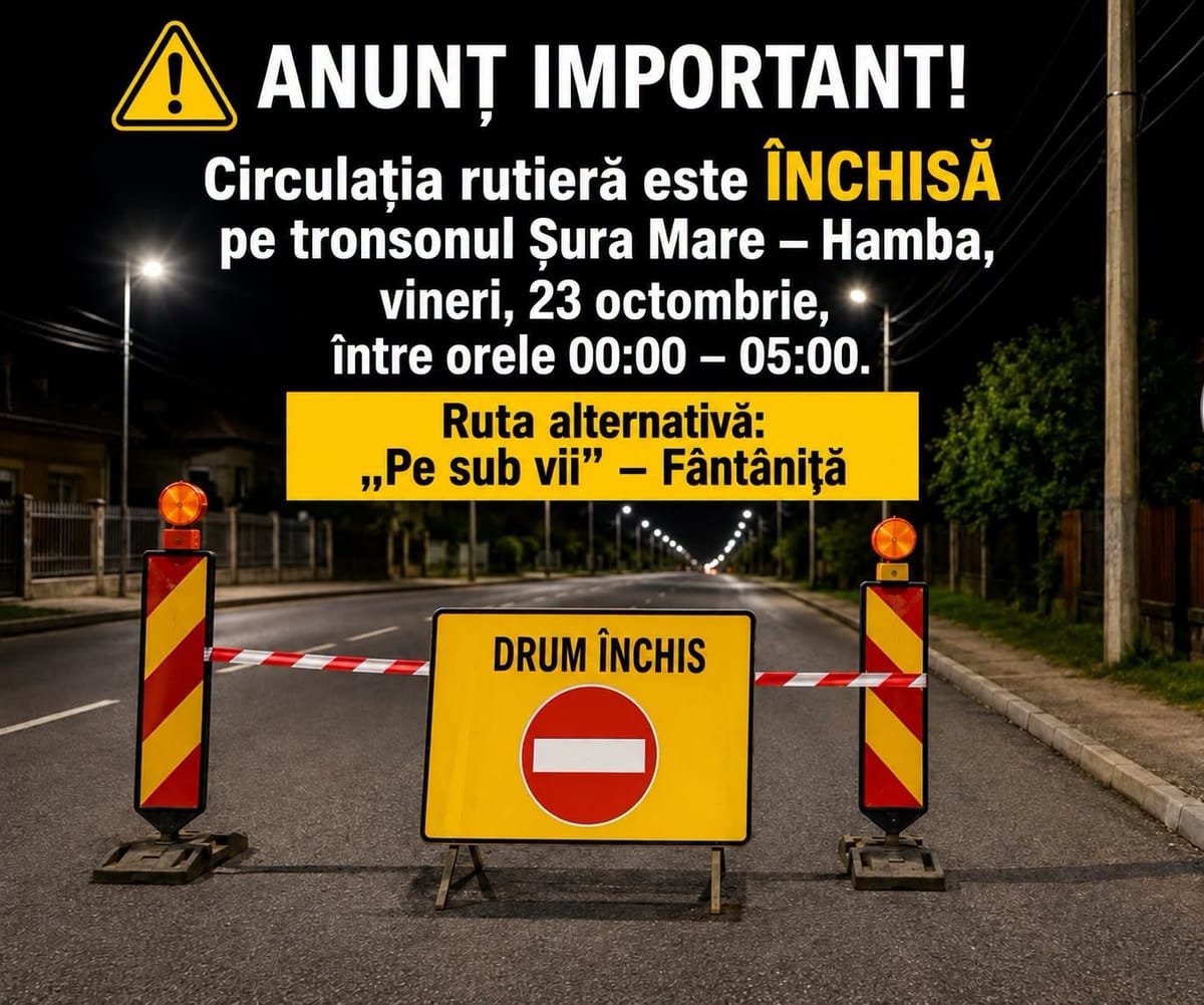 Trafic închis cinci ore între Șura Mare și Hamba, vineri, de la miezul nopții până la 05:00