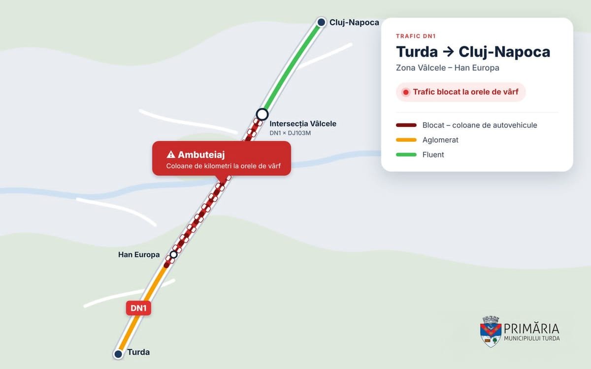 Turda: primarul cere reevaluarea urgentă a circulației pe DN1, unde s-au format coloane kilometrice