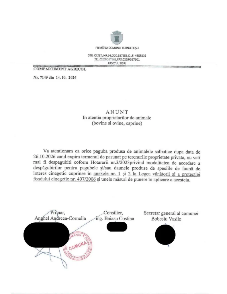 Turnu Roșu: după 26 octombrie, pagubele de la animalele sălbatice nu mai sunt despăgubite