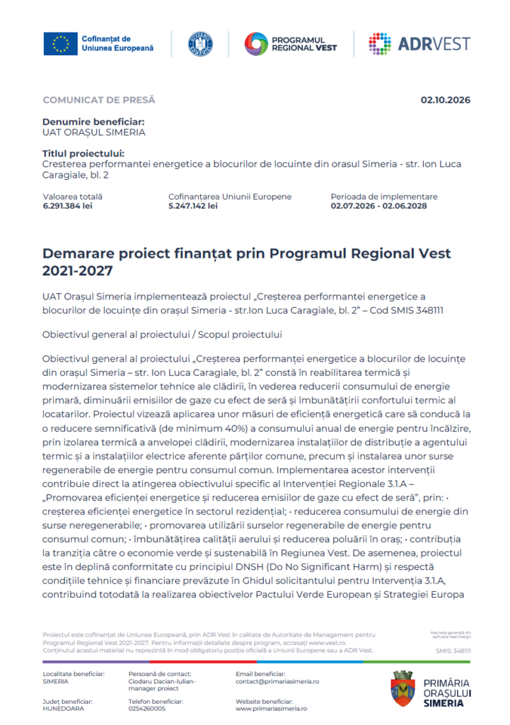 UAT Orașul Simeria implementează proiectul „Creșterea performantei energetice a blocurilor de locuințe din orașul Simeri