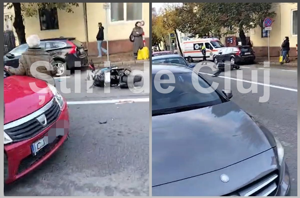VIDEO. Cluj: accident pe strada Brâncuși, un scuterist a fost pus la pământ și primește îngrijiri medicale