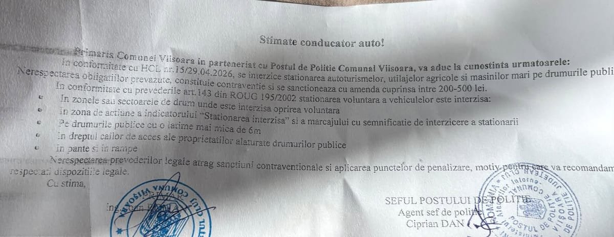 Viișoara: amenzi pentru șoferii care își lasă mașina pe drumurile publice