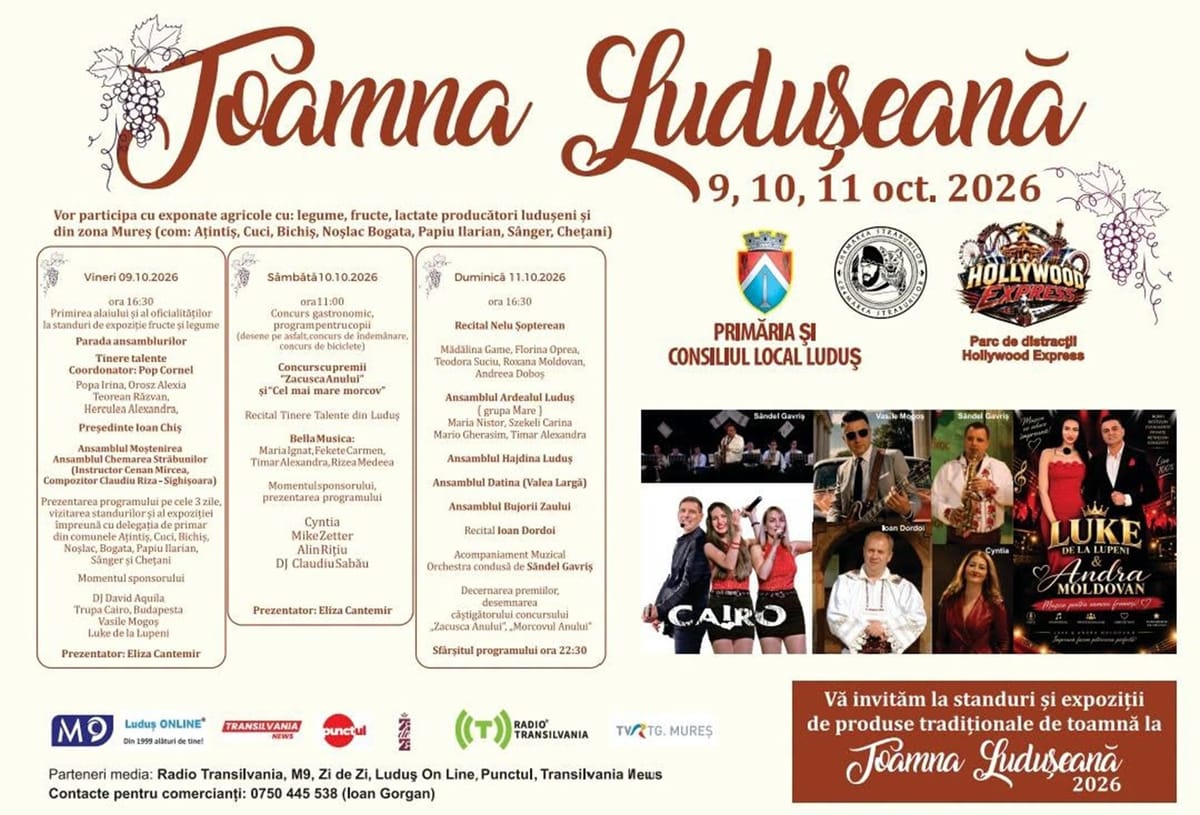 🎉 🎉 🎉 Se dă startul la distracţie! Toamna Luduşeană – Zilele Recoltei! 9, 10, 11 octombrie 2026!
